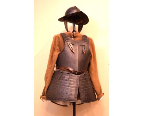 Reproduction Cromwellian pikeman's armour comprising: chest plate, helmet with a fabric under garment together with a display
