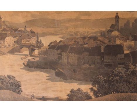 M, Roche - Late 19th/early 20th Century lithograph of an Austrian town, monogrammed M.R, framed and glazed   Condition: 