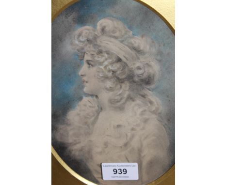 In the manner of John Downman, an antique watercolour and coloured chalk drawing, portrait of an 18th Century lady, 21 x 16cm