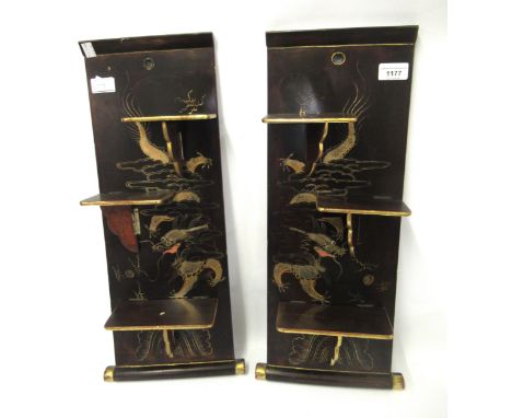 Pair of late 19th / early 20th Century Japanese lacquered three shelf folding wall brackets gilt decorated with dragonsBoth 5