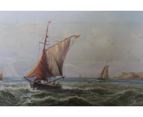 J. Lewis, pair of oil paintings on canvas, fishing boats off a coastline and naval vessels off a coastline, both signed, 25 x