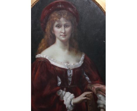 Late 20th century oil on canvas, half length portrait of a medieval lady, gilt frame, oval mounted, 90 x 60cm 