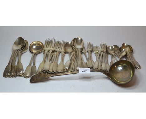 Part canteen of silver Fiddle, Thread and Shell pattern cutlery comprising:  soup ladle, pair of sauce ladles, twelve dinner 