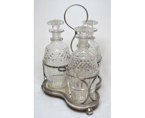 Silver plated decanter stand with three cut glass decanters, together with a small quantity of silver plated flatware, two Mi