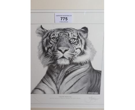 Kevin Hayler, artist signed print ' Tiger Rising ', 18 x 17cm, framed, together with a pair of oval watercolours, landscapes,
