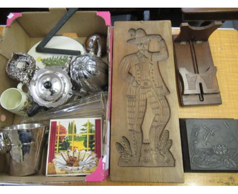 French ice bucket, boxed pair of Dartington Daisy dishes, Baccarat type decanter, metal biscuit tin decorated with dragonfly 