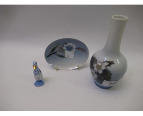 Royal Copenhagen baluster form vase decorated with blackberries, Royal Copenhagen small dish and a miniature Herend figure of