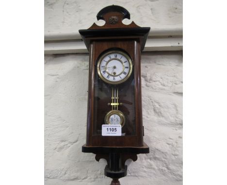 Miniature Continental walnut cased Vienna style wall clock, the enamel dial with Roman numerals and single train movement, 42