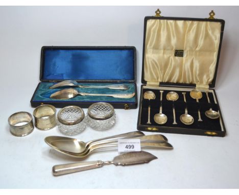 Cased set of six silver seal top teaspoons, together with a cased Victorian silver spoon and fork, two silver napkin rings, p