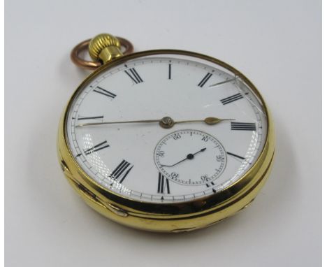 18ct Yellow gold open face pocket watch, the enamel dial with Roman numerals and subsidiary seconds, the movement engraved ' 