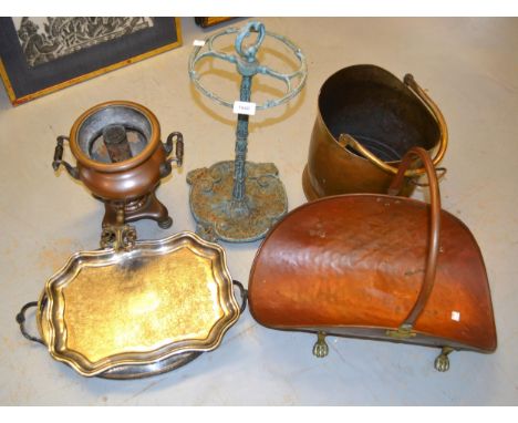 Copper log basket, brass coal scuttle, cast iron two division stick stand and a copper samovar (lacking cover) and two silver