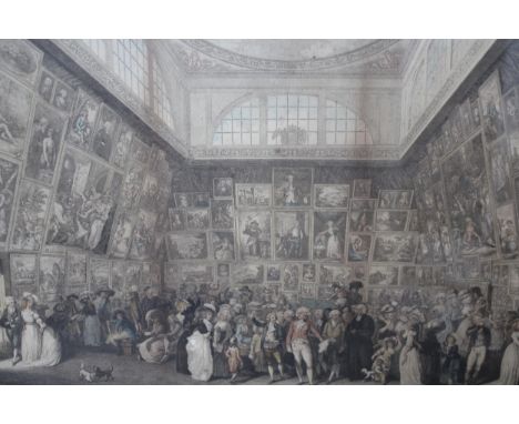18th Century coloured print ' The exhibition of the Royal Academy, 1787 ' in a Hogarth frame, with verre eglomise mount, 31 x