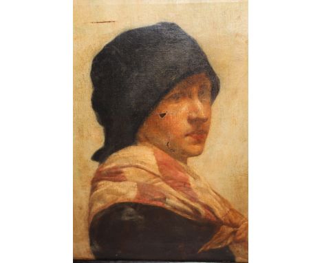 Late 19th century oil on canvas, head and shoulder portrait of a Bohemian lady (at fault), ebonised frame, 52 x 42cm 