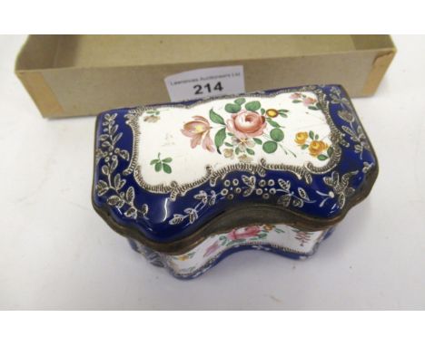 19th Century French enamel travelling inkwell with all over floral decoration on a blue ground (hinge at fault) 