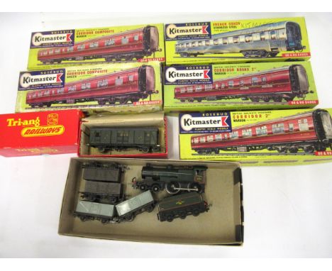 Small box containing a quantity of boxed rolling stock and carriages including a Tri-ang engine and tender, unboxed and two w