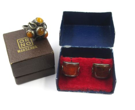 Orno of Warsaw, silver and amber set dress ring together with a similar pair of gentleman's cufflinks 