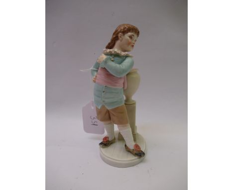 Royal Worcester porcelain figure of a boy leaning against a column with a vase, 17cm high 