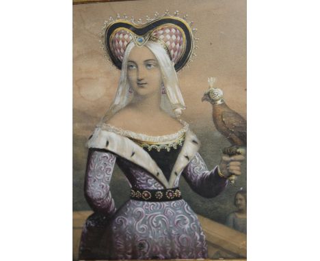 19th Century hand coloured engraving, portrait of a lady wearing Renaissance costume and holding a falcon, 20 x 15cm, framed 