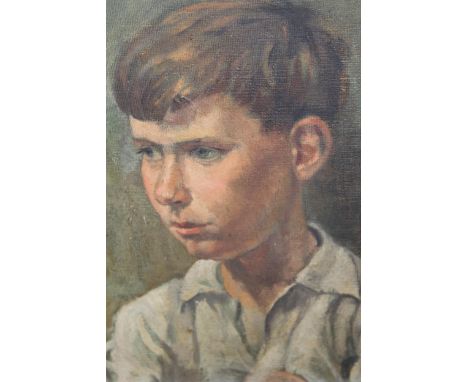 Mid 20th century oil on canvas board, head and shoulder portrait of a young boy in a white shirt, inscribed verso, 24  18cm, 