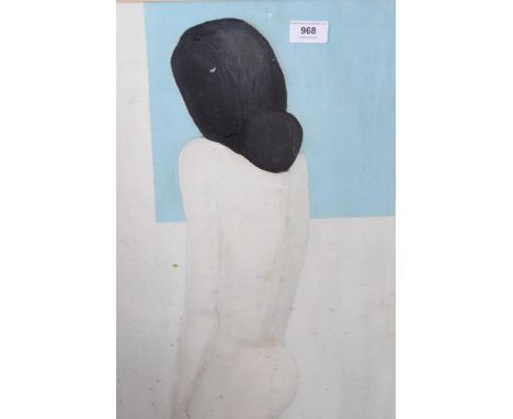 20th Century oil on board, study of a nude female, unsigned, inscribed verso, together with an abstract coloured print, indis