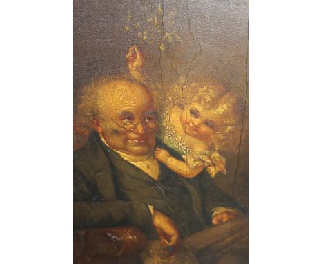 19th Century English school, oil on board, portrait of an elderly man with his granddaughter, unsigned, 34 x 26cm, gilt frame