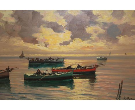 R. Bruno, 20th Century Italian school, oil on canvas, fishing boats, 50 x 70cm 