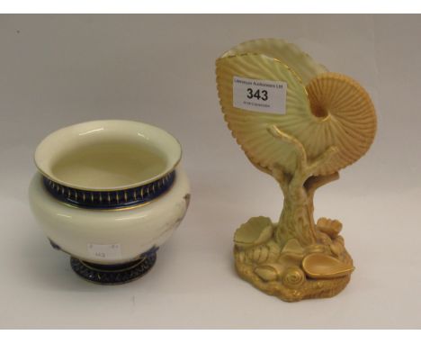 Royal Worcester blush ivory pedestal bowl in the form of a shell with ivory ground and gilt highlights, another Royal Worcest