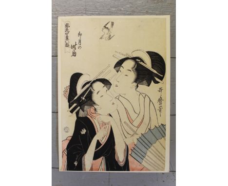 After Kitagawa Utamaro, Japanese woodblock print, ' Two Geisha Girls ', 1910, 37 x 25cm 