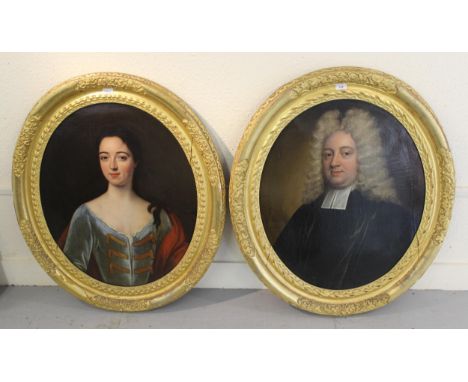 Pair of 18th Century oil paintings on canvas portrait of a lady and gentleman, (the gentleman inscribed verso ' Judge Jeffrey
