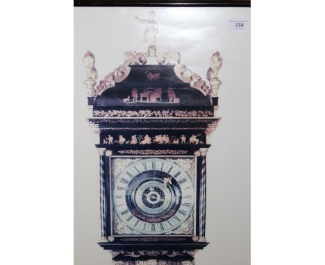 Large black chinoiserie frame housing a colour print of a longcase clock, 140 x 64cm overall 