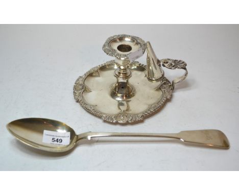 Victorian Glasgow silver Fiddle pattern tablespoon 1842, 3.8oz t, together with a 19th century silver plated on copper chambe