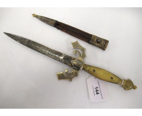 Islamic style Spanish dagger with horn handle and leather scabbard, the blade marked Toledo, 33cm long 