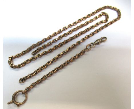 19th Century yellow metal watch chain with clips (now in two parts), 17.5gClasp and ring are both working. Chain is low carat