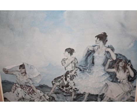 Sir William Russell Flint signed coloured print, figures sheltering from the rain, with blind stamp, in a swept gilt frame (f