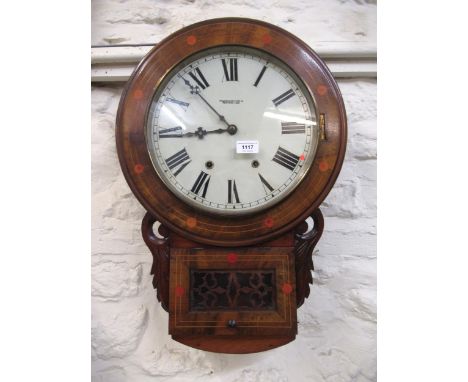 Victorian walnut and marquetry inlaid drop-dial wall clock, the enamel dial with Roman numerals, inscribed ' The Newhaven Clo