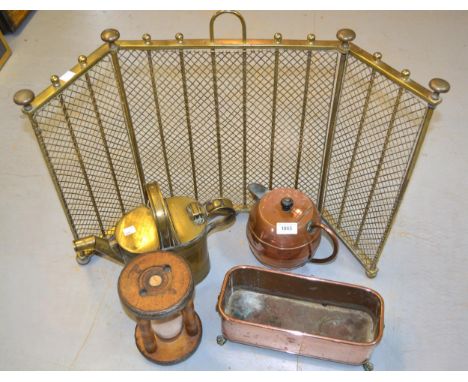 Small Victorian brass three section folding firescreen, together with a quantity of other copper and brassware 