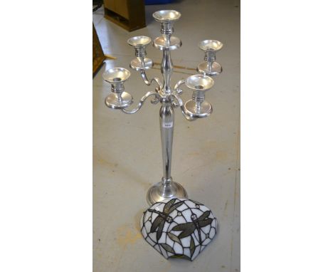 Large nickel plated five light candelabra, 78cm high, together with a Tiffany style leaded glass wall light 