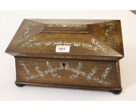 Large William IV rosewood mother of pearl inlaid sarcophagus shaped tea caddy 