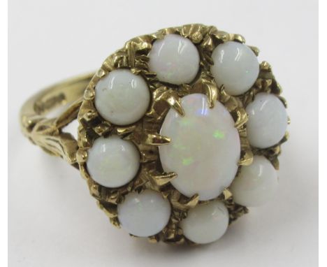 9ct Gold opal cluster dress ring, size O, 6.8g 