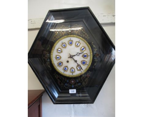 French ebonised and buhl inlaid hexagonal wall clock, the circular marbled dial with gilt and enamel Roman numerals, having t