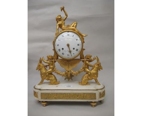 Fine French ormolu and marble mantel clock by Lepine, the drum form case with convex enamel dial and Roman numerals, signed, 