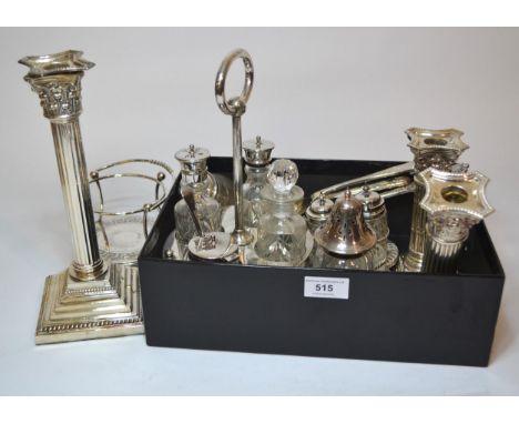 Pair of plated dwarf candlesticks, similar larger candlestick, miscellaneous other items of silver plate, silver plate mounte