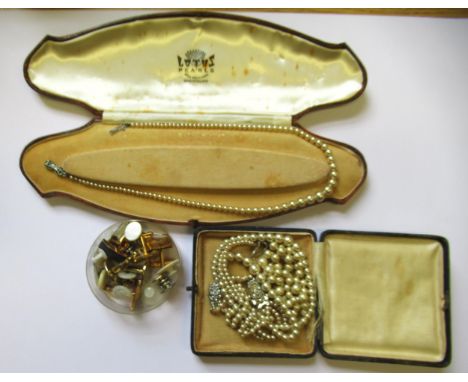 Miscellaneous mother of pearl and gilt metal cufflinks, various simulated pearl necklaces etc. 