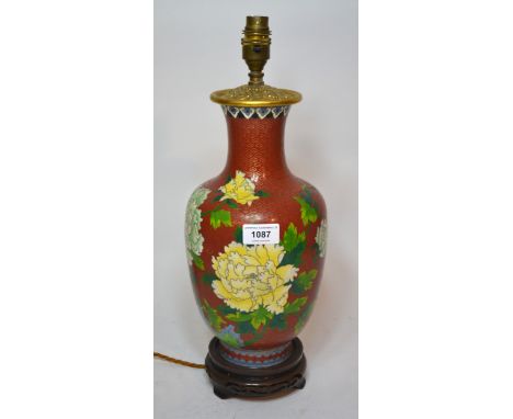 Chinese cloisonne baluster form vase mounted as a lamp base decorated with Chrysanthemum on a red ground (bruise to body), 44