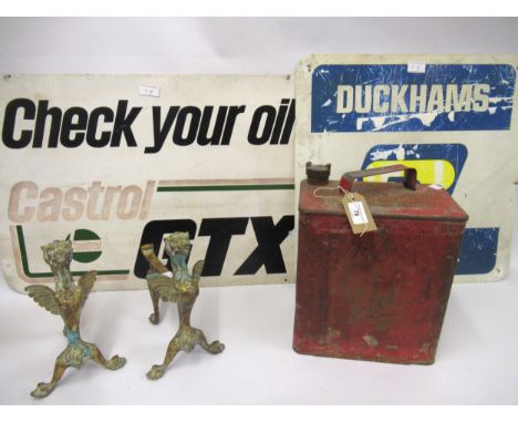 Shell petrol can, an enamel sign for Castrol GTX and and an aluminium sign for Duckhams, together with a pair of brass griffi