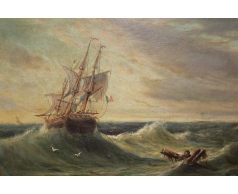 19th Century oil on canvas, seascape with a French merchant sailing ship attending a shipwrecked mariner, signed A.S.H., 35 x