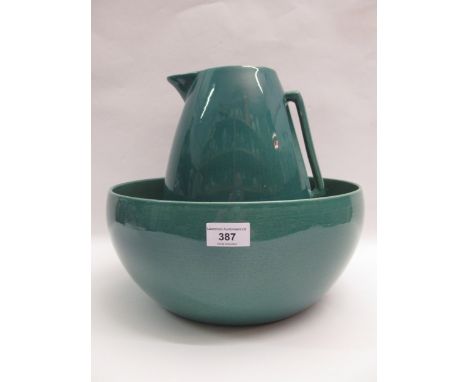 Large Ashtead Potters Art Deco jug and wash basin in jade colour way, 30cm high x 32 diameter 