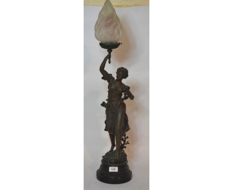 19th Century spelter figural table lamp with glass torch shadePitting and marks to spelter - no sign of repairs. Glass shade 