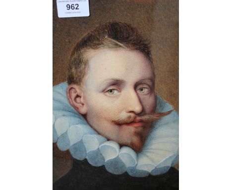 19th Century watercolour, head and shoulder portrait of a 16th century gentleman in miniaturist style, the sitter wearing a r