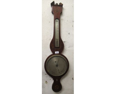 19th Century mahogany inlaid wheel barometer thermometer (at fault) 